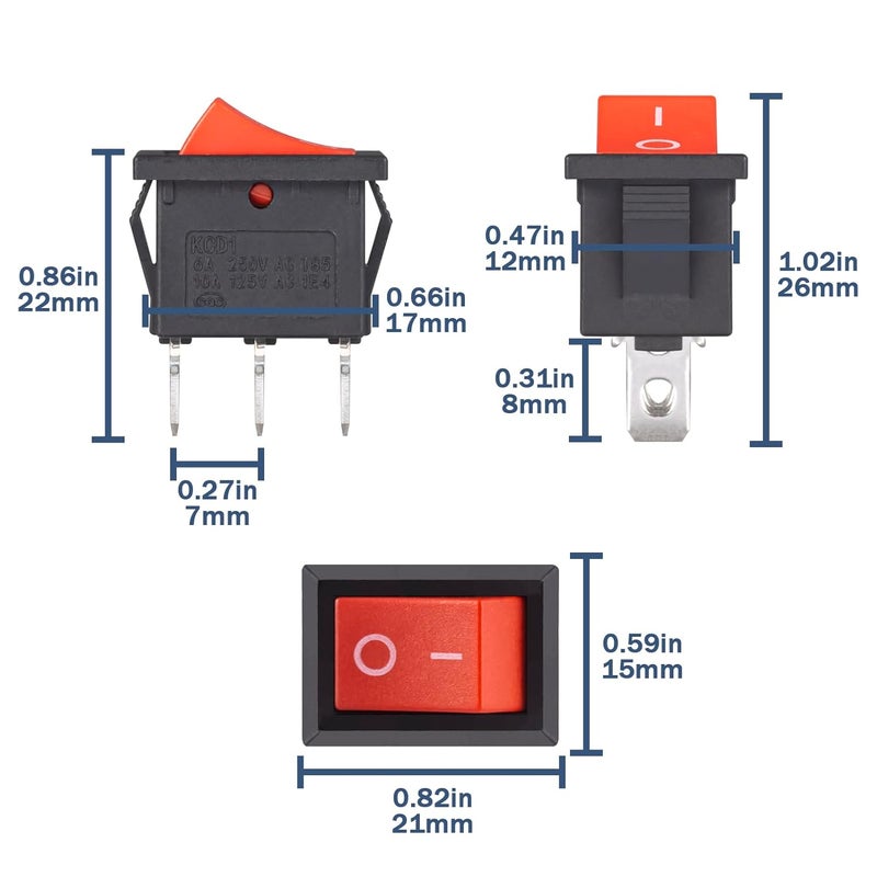 VEXUNGA 10pcs Mini Rocker Switch On Off 3 Pin Boat Rocker Switch 10A 125V 6A 250V AC KCD1 Red Snap-in SPST Toggle Switches Square for Car Marine Home Appliances - Image 2